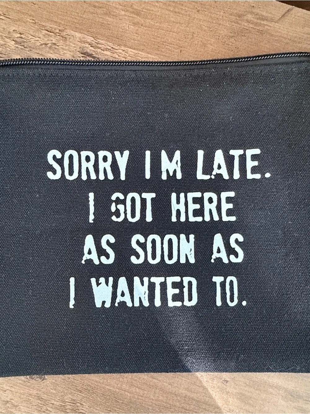 Sorry I’m Late Black Cosmetic Pouch with skincare bundle